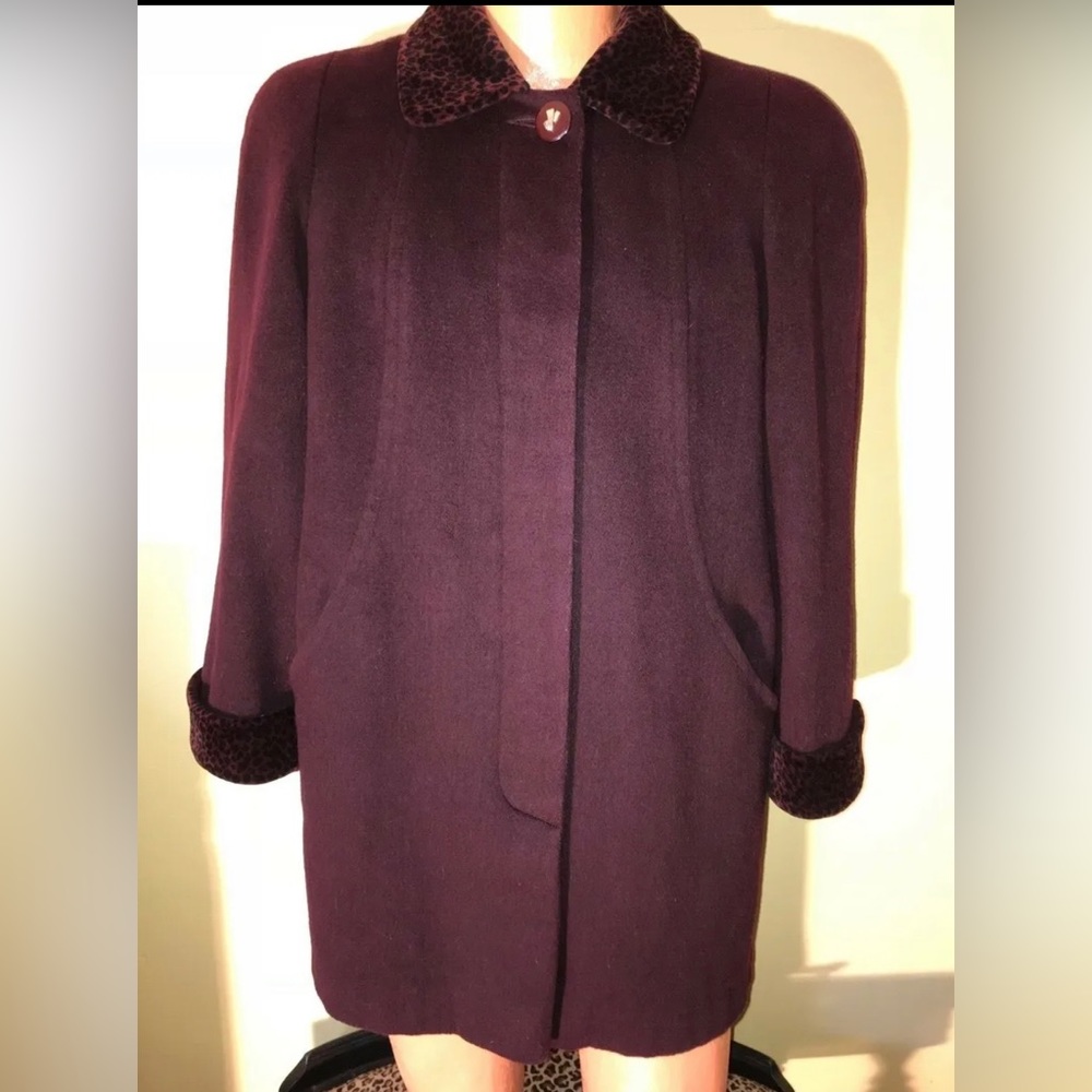 Vintage Alorna Forstmann Wool Coat Plum Purple Faux Leopard Fur Collar USA